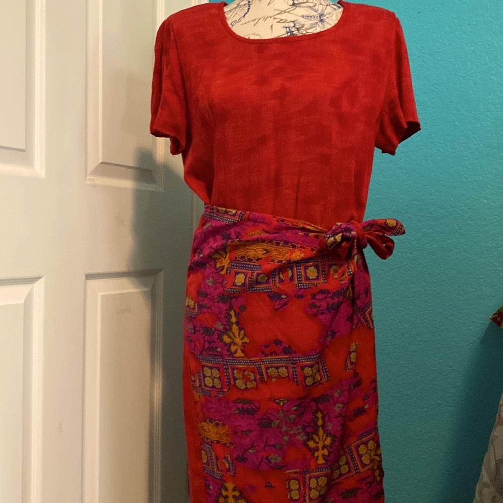 Jessica Howard Long Dark Red Printed Faux Wrap Dress